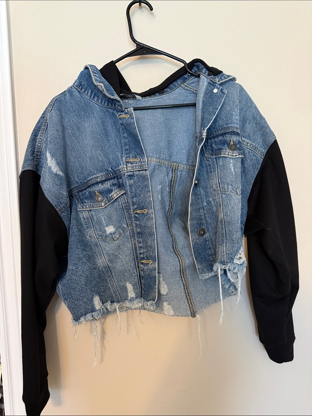 Highway Jeans Light Blue Denim Midi Jacket with Black removable Hoodie